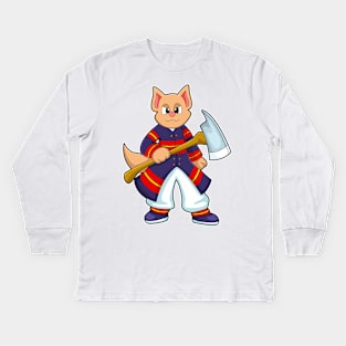 Cat as Firefighter at Fire department with Axe Kids Long Sleeve T-Shirt